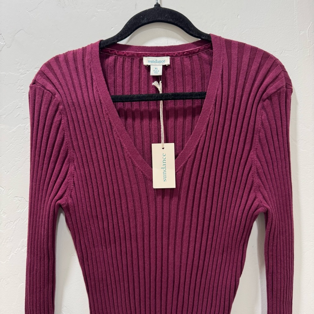 NWT Sundance Poet Legends Sweater VNeck Ribbed Organic Cotton Maroon Burgundy XL - Picture 3 of 9